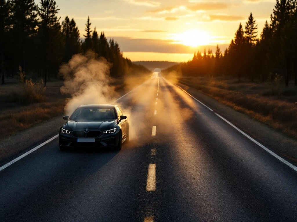 Hylätty auto, josta nousee höyryä, tyhjällä maaseututiellä Suomessa auringonlaskun aikaan. Kultainen valo luo pitkiä varjoja mäntymetsään.