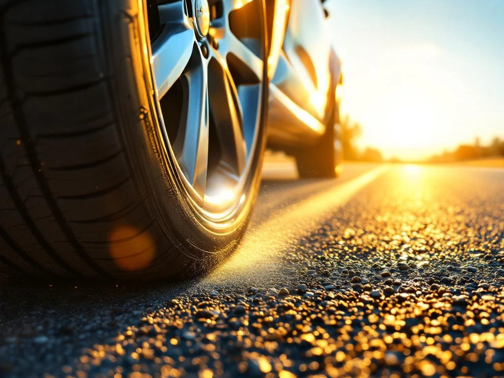 Autonrengas kuumalla asfaltilla kesähelteellä, rengaspainemittari kiinnitettynä venttiiliin ja lämpöaaltoja nousemassa tienpinnasta.