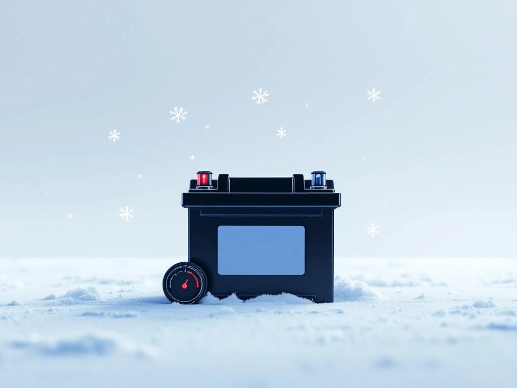 Auton akku minimalistisesti kuvattuna talvisessa ympäristössä, punainen volttimittari vieressä, lumihiutaleita nurkissa ja hinausauton hahmo taustalla.