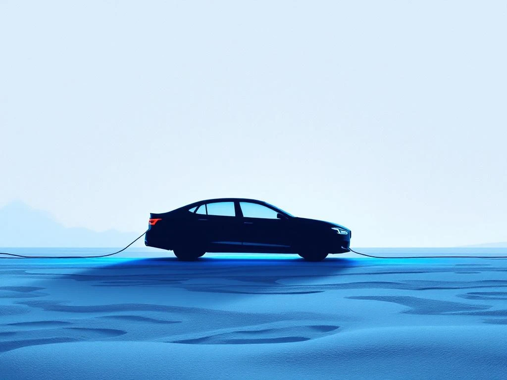 Auto lumisessa maisemassa, konepelti auki ja sininen hehku konehuoneessa. Jääkuvioita ympärillä, tumma hinausköysi ulottuu autoon.