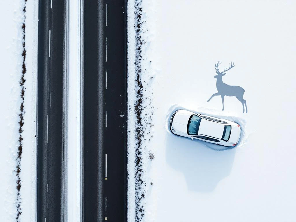 Valkoinen auto osittain lumisessa ojassa, hirven siluetti lähistöllä viittaa eläinkolariin suomalaisella maantiellä talvimaisemassa.