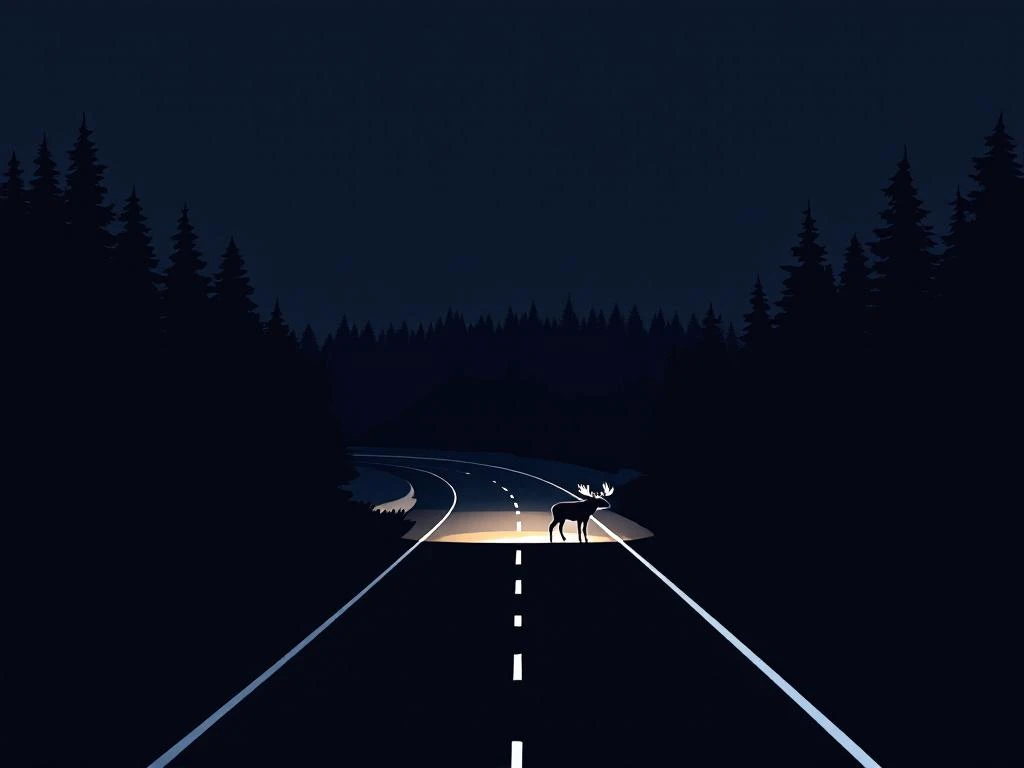 Minimalistinen siluetti maantiestä hämärässä metsässä, hirvi tien reunalla ja auton valokeila valaisemassa tietä edessä.