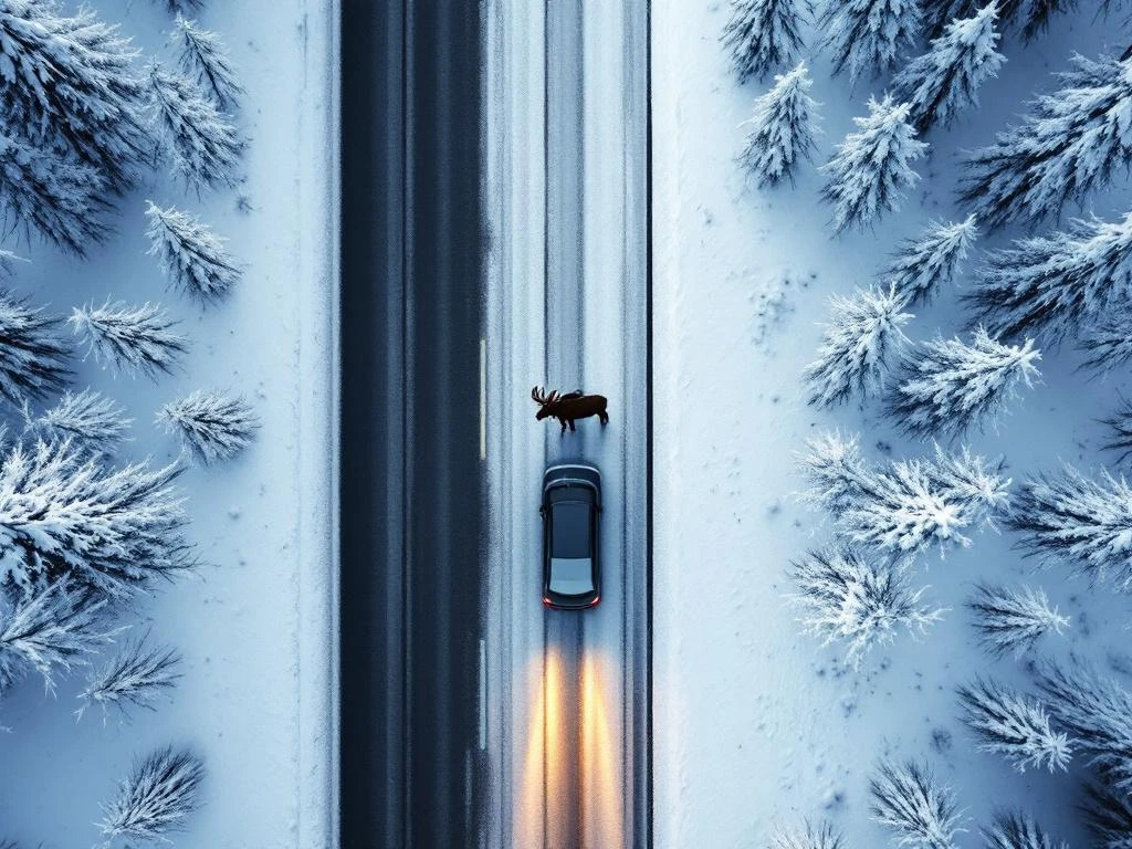 Hirvi valmiina ylittämään lumisen tien talvisessa suomalaisessa metsämaisemassa. Auton ajovalot lähestyvät, luoden jännittävän kohtaamistilanteen pimeällä tiellä.