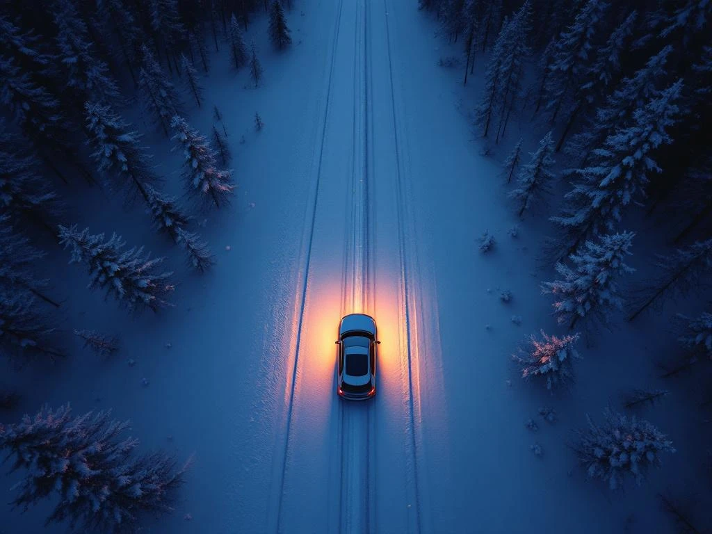 Ilmakuva yksinäisestä autosta lumisella tiellä Suomen erämaassa hämärän aikaan, ajovalot loistavat mäntymetsän keskellä luoden rauhallisen tunnelman.