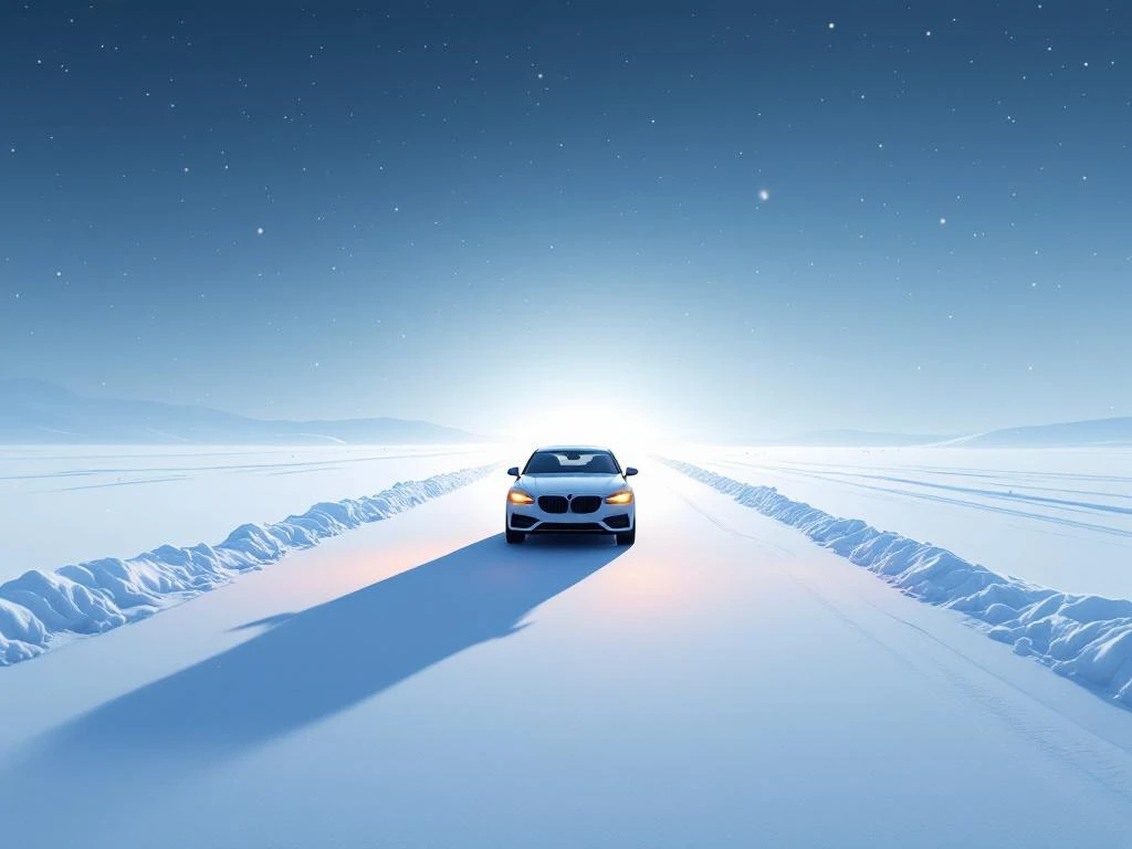 Yksinäinen auto jumissa lumisella tiellä talvimaisemassa. Hätävilkut heijastavat oranssia valoa lumeen. Sinertävä taivas ja putoavat lumihiutaleet korostavat eristyneisyyttä.