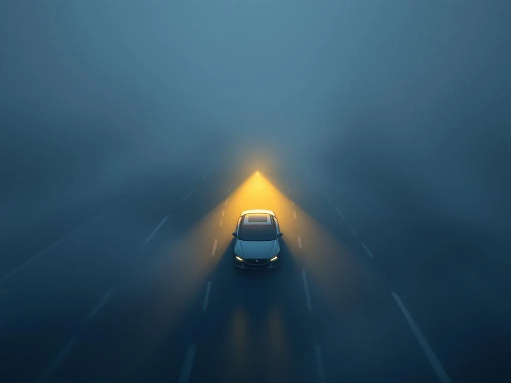 Auto sumuvaloilla sumuisella moottoritiellä hämärässä. Minimalistinen siniharmaa ylänäkymä, jossa valokeilat muodostavat turvallisen reitin sumun läpi.