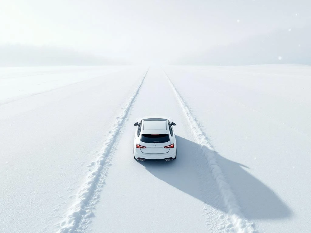 Yksinäinen auto lumisella maantiellä talvimaisemassa. Auton vieressä talviajoon tarvittavia varusteita minimalistisessa asetelmassa.