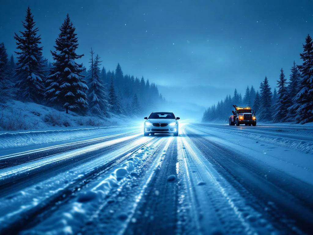 Auto kirkkailla LED-valoilla talvisella tiellä hämärässä, lumi pöllyää ympärillä, lumisten mäntyjen siluetit taustalla ja hinausauton hahmo näkyy etäällä.