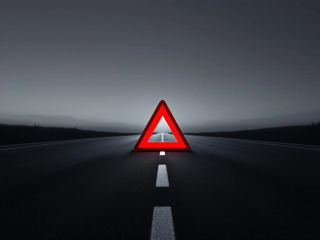 Varoituskolmio tyhjällä asfalttitiellä, auton siluetti sivussa ja illan pitkät varjot. Minimalistinen sommitelma tieturvallisuudesta, jossa korostuu punainen varoitusmerkki.