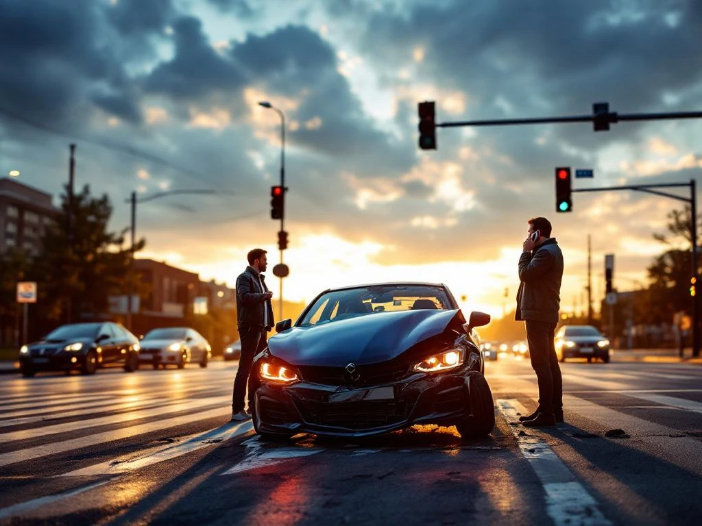 Rikki auto konepelti auki vilkkuineen vilkkaassa risteyksessä, huolestunut kuljettaja puhelimessa vierellään