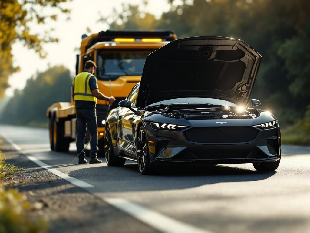Hinausauto kytkee vaijereilla kiinni moderniin autoon, jonka konepelti on auki, tien päällä päivänvalossa