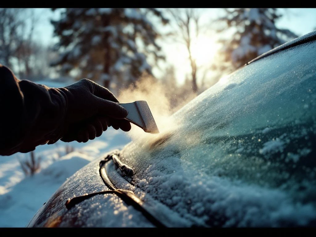 Hansikkainen käsi raapii jäätä auton tuulilasista jääkaapimella kylmänä talviaamuna asuinalueella